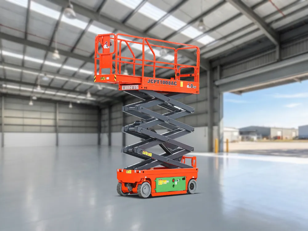 Plataforma Tesoura Elétrica 10m - Dingli JCPT1008AC – pronta para operações em altura em um grande armazém logístico.