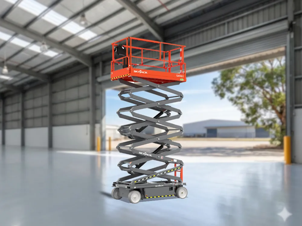 Plataforma Tesoura Elétrica 14m - Skyjack SJ4740 E – estendida dentro de um galpão moderno.